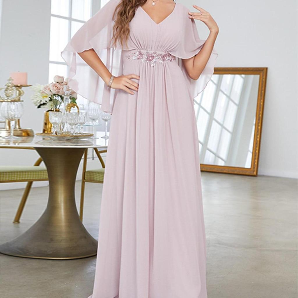 Elegant V-Neck Sequined Evening Gown with Trumpet Sleeves and Embroidered Applique