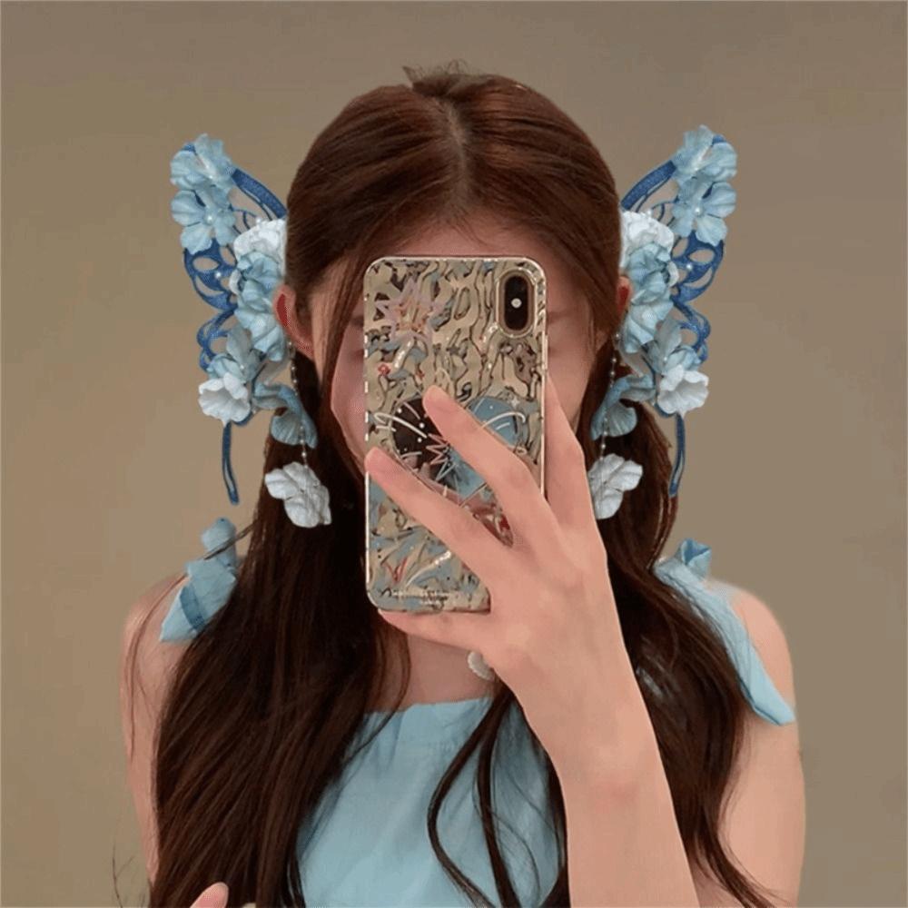 2pcs/set Elegant Hair Clip Ancient Style Tassel Hairpin Flower Silk Headwear  For Women Girls