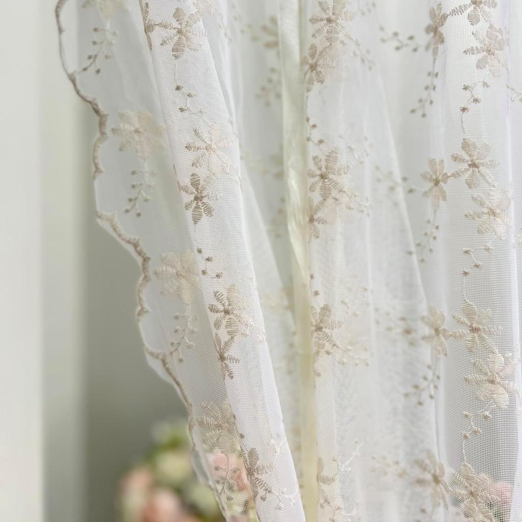 KMSG Bowknot Tie Up Kitchen Curtain Floral Balloon Lace Sheer Curtain Tiers for Small Cafe Windows Rod Pocket Light Filtering Ruffled Voile Window