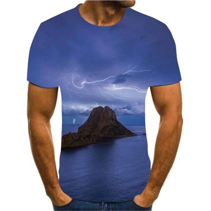 2024 Pánské tričko s 3D potiskem Tričko s potiskem krajiny s blesky Kulatý výstřih Plážová trička Pánské tričko Léto