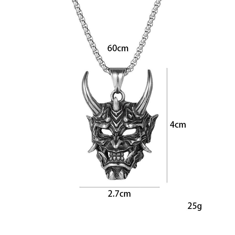 Dunkles Retro Japan Prajna Maske Langer Horn Geist König Edelstahl Anhänger Halskette für Männer Frauen Gruselige Persönlichkeit Schmuck Geschenke
