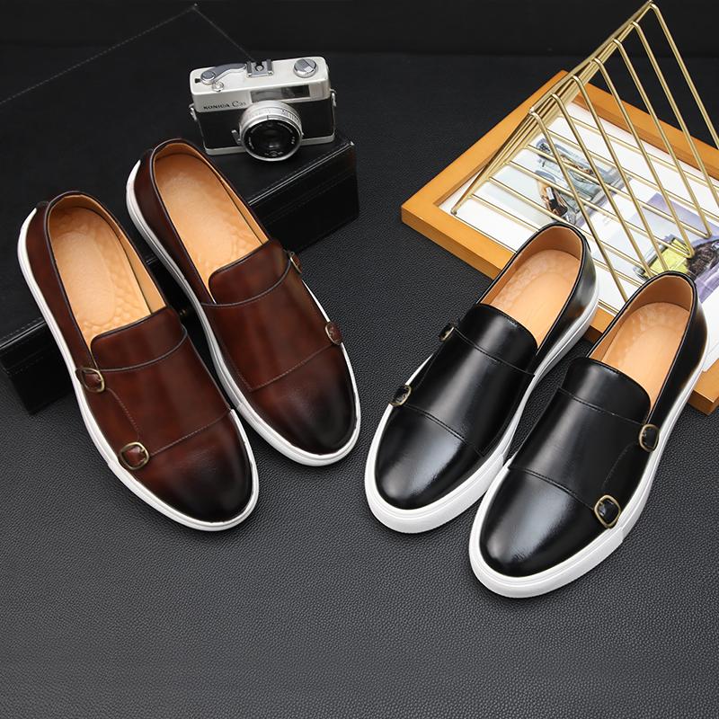 New Black Men Sneakers Slip-On Solid Double Buckle Brown Platform Shoes Men's Vulcanize Shoes  Size 38-46