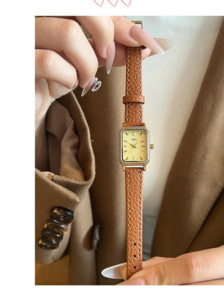 GEDI Brand Women Watch Square Dial Retro Diamond Inlaid Light Luxury Leather Waterproof Female Fashion Quartz Clock Watches