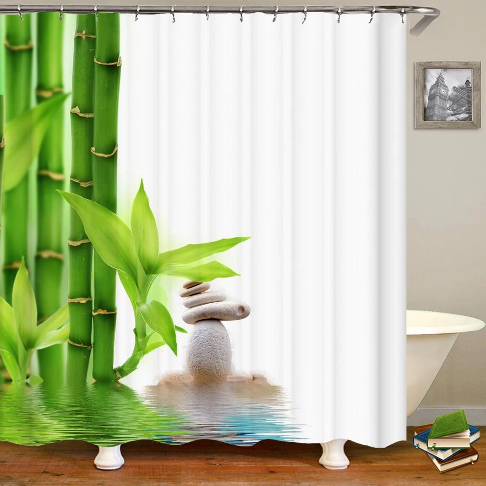 3D Flower Bamboo Pebble Water Green Plant Shower Curtain Waterproof Polyester Curtain Home Decoration Shower Curtain Zen Curtain