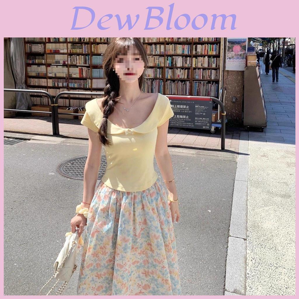 Vintage Korean Style Floral Print Midi Skirt With Elastic Waist For Casual Spring Fashion