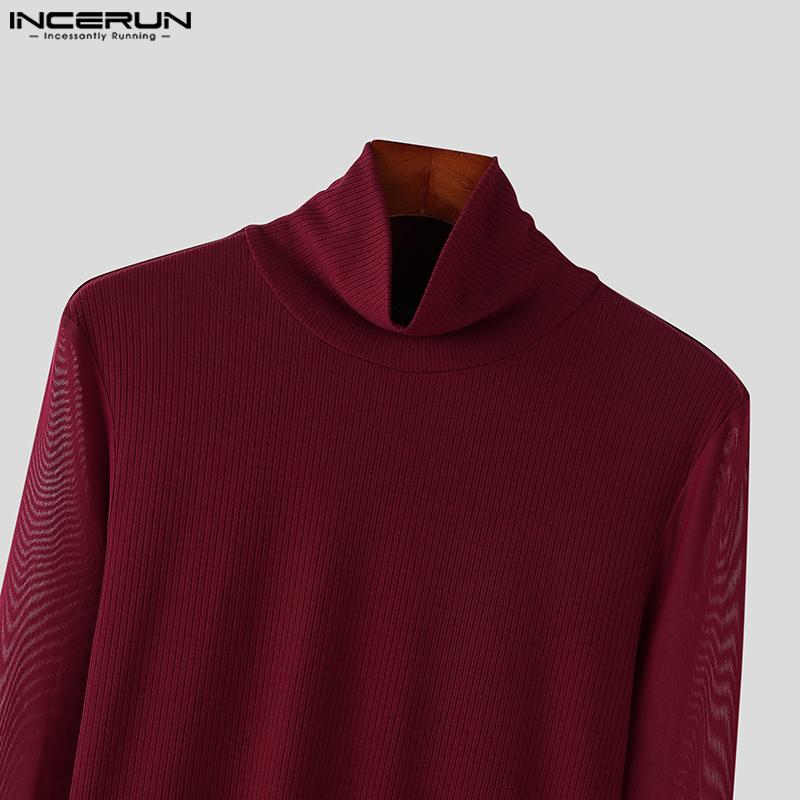 INCERUN Herren Rollkragenpullover aus Mesh mit Patchwork und langen Ärmeln, gestrickt, tailliert
