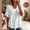 Women's V Neck Half Sleeve Layered Raw Edge Fringe Trim Loose Casual Blouse Top