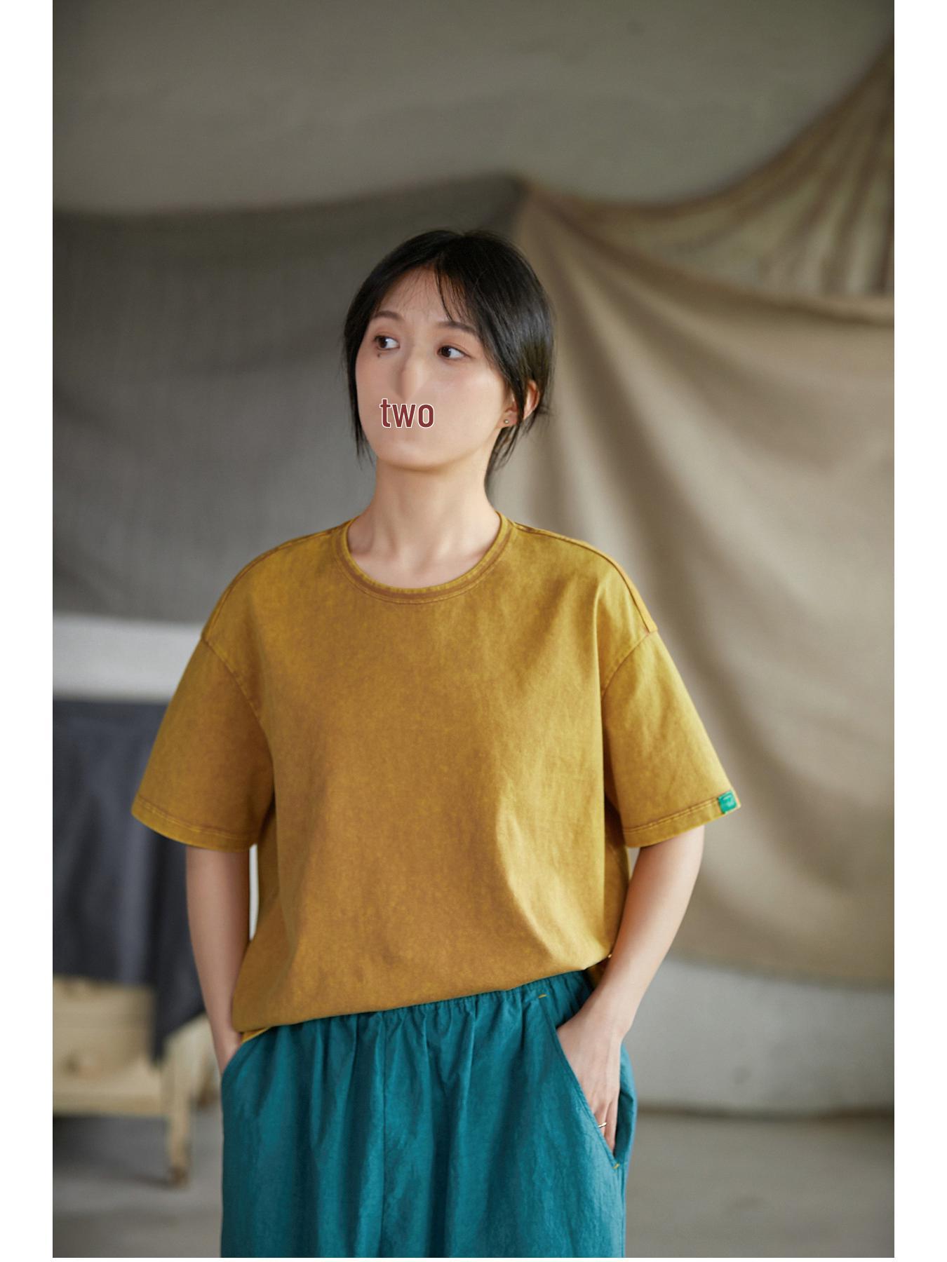 Vintage Washed Short Sleeve Knit T-Shirt - Women s Summer Cotton Linen Style with Artistic Snowflake Design M
