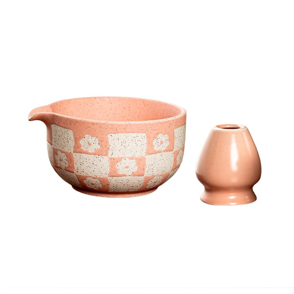 Checkered Sakura Pattern Matcha Whisk Stand Ceramic Green Tea Maker Cup for Tea Set Accessories