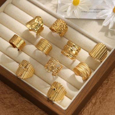 GIOIO Stainless Steel Texture Geometric Rings For Women Open Adjustable Finger Ring Fashion Minimalist Vintage Jewelry Femme