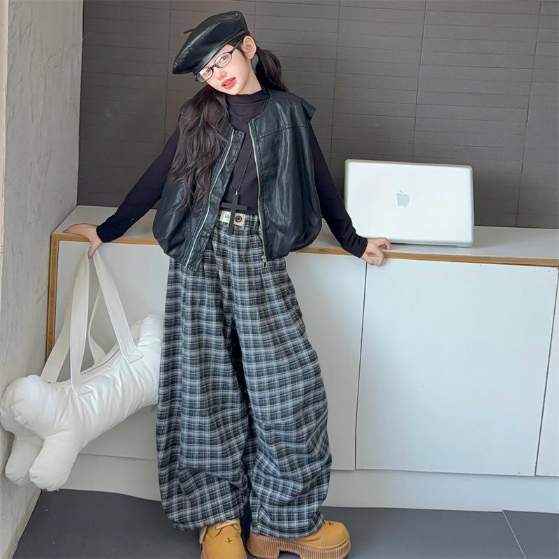Girls' 3-Piece Autumn Set: Vest, Base Shirt & Plaid Pants for Big Kids (2025 Fashion)