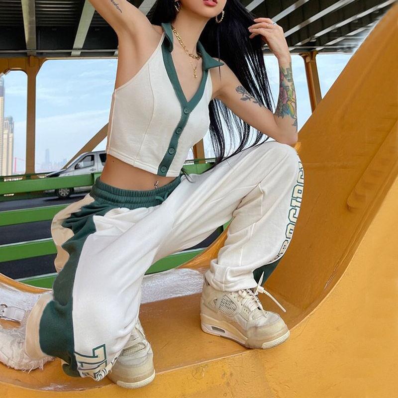 Women's American Vintage Contrast Panel Hiphop Joggers - Jazz High-Waist Loose Wide-Leg Dance Pants with Retro Design