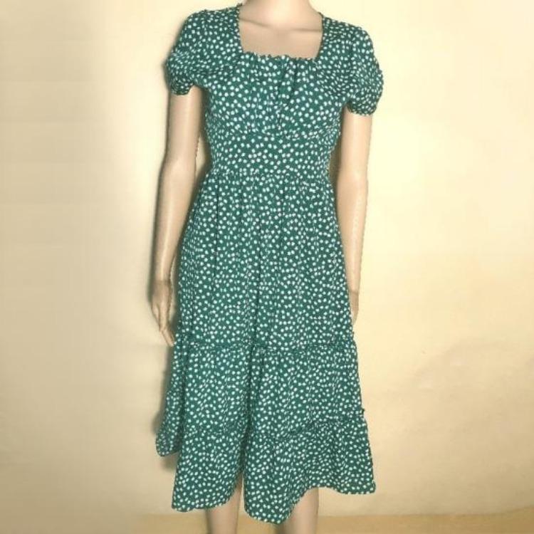 Women Flowy A-line Midi Dress Small Flower Print Patchwork Square Neck Short Bubble Sleeves Pleated Shirring Dating Vacation Dress