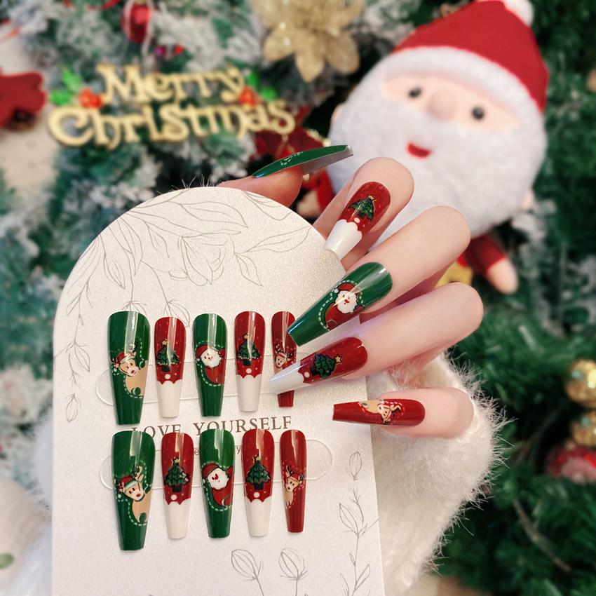 Girls 24pcs Christmas Wearable Press On Nail Patch Santa Claus Elk Snowman Cartoon Print Fake Nails Women Artificial Wear Nails