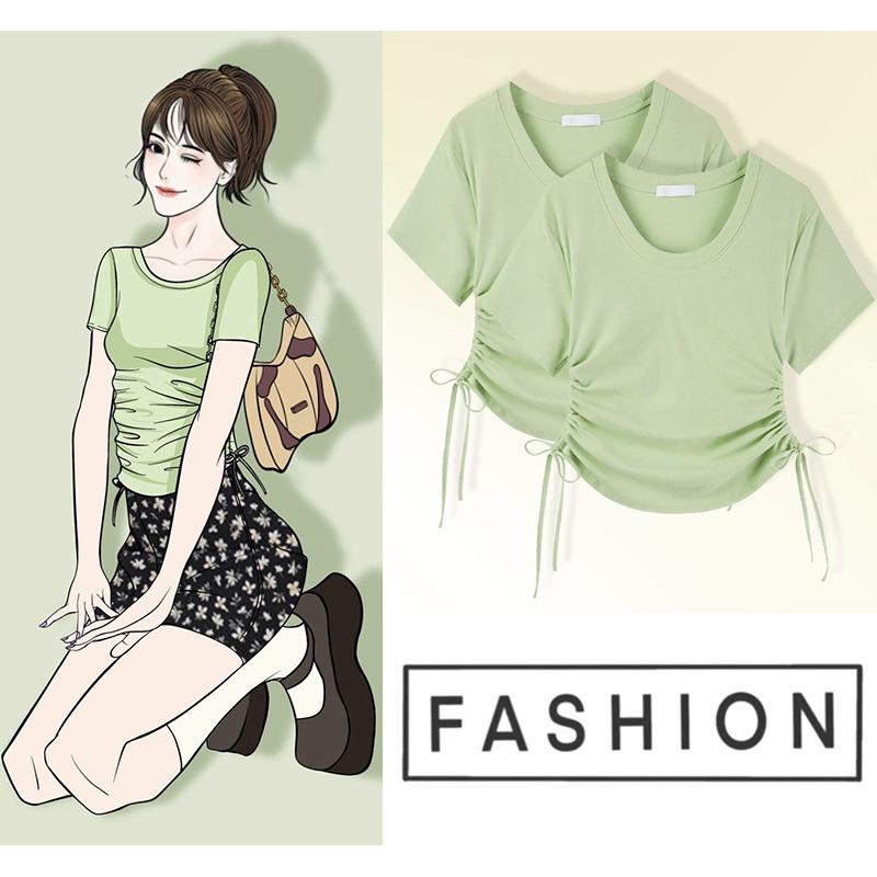 Dámský letní design s krátkým rukávem přes ramena, krátkorukávový výklenkový top Hot Girl Slim se stahováním