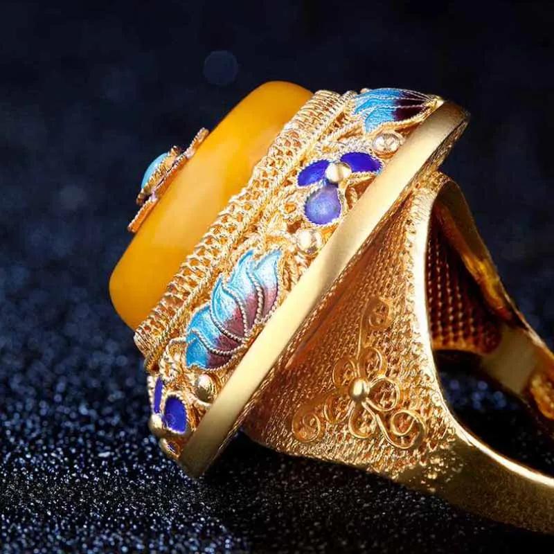 Ancient Gold Craftsmanship Palace Style Natural Yellow Chalcedony Lotus Enamel Porcelain Rings For Women Luxury Dinner Jewelry