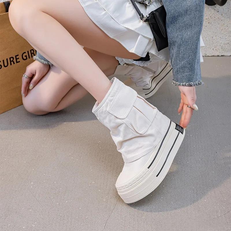 Fashion 2025 New Women All Season Canvas Boots Zipper Side Inner Height Increase 12cm Ultra High Heel Pocket Ankle Boots Black White