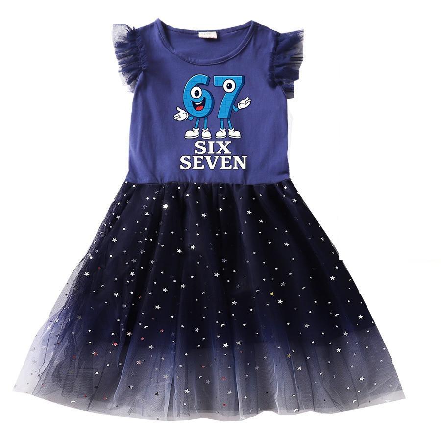 9194 Kids Girls Steal a Brainrot 67 Six Seven Print Sleeveless Ruffle Casual Mesh Dress
