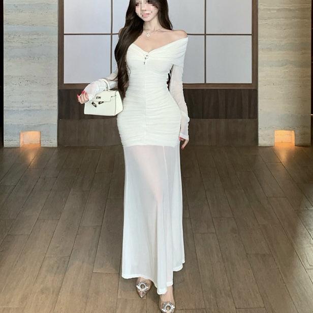 Elegant Mesh Patchwork Off-Shoulder Long Sleeve Bodycon Dress
