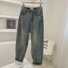 Women's Plus Size Fleece-Lined High Waist Blue Jeans - Winter Slimming Straight Leg Harem Pants