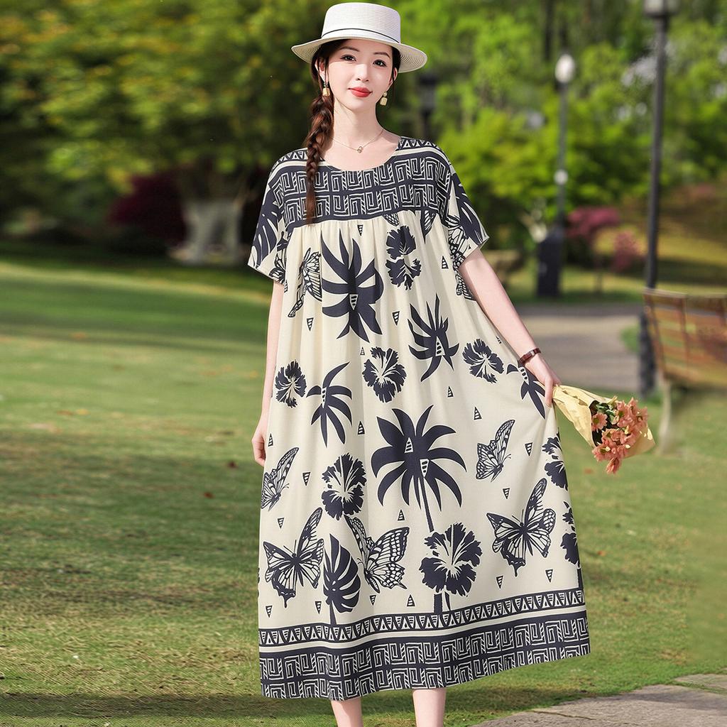 Women's Round Neck Short Sleeve Maxi Dress Loose Relaxed Waist Elegant Floral Print Plus Size Casual Summer Dress