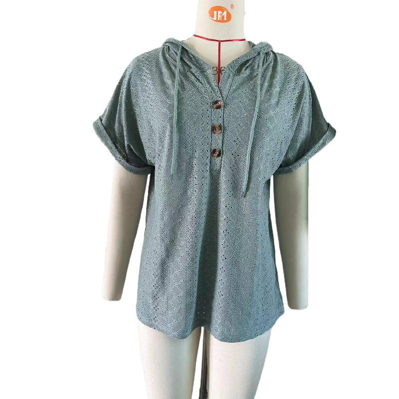 2026 Spring/Summer New Solid Color Buttoned Hooded Loose Short-Sleeve T-Shirt for Women
