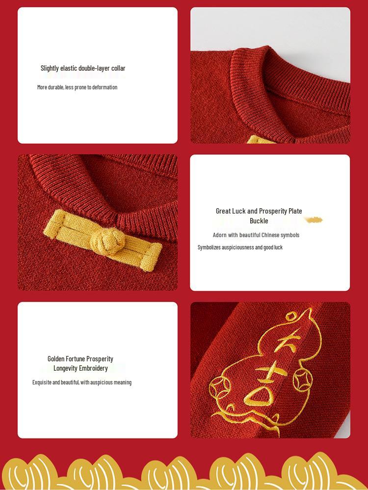 New Year's Red Knit Sweater for Kids - 2026 Winter Fashion Greeting Outfit