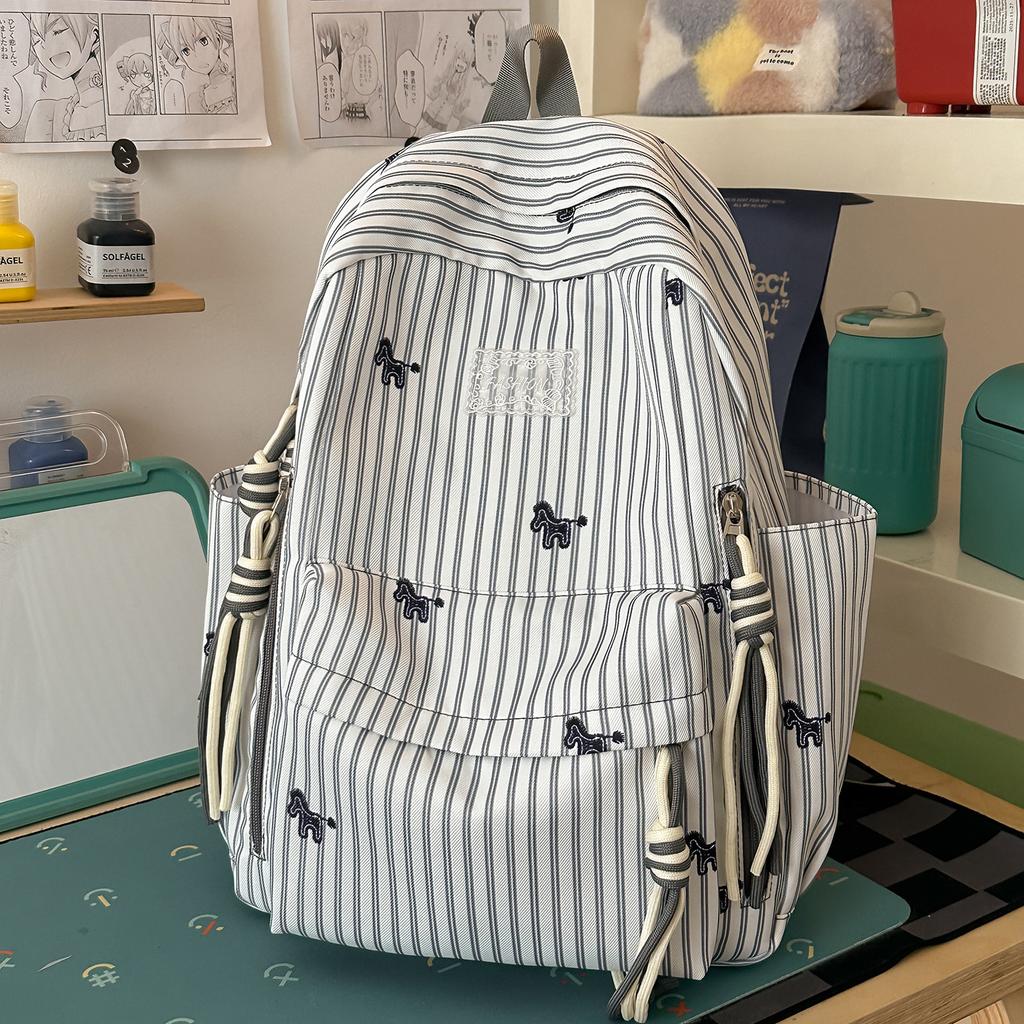 School bag with fresh stripes and backpack for women, 1011 new trendy minimalist casual lightweight large capacity student school bag