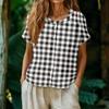 Camicia da Donna alla Moda con Collo Henley, Monopetto a Bottoni, Stampa a Quadri, Manica Corta, Blusa Casual Leggera