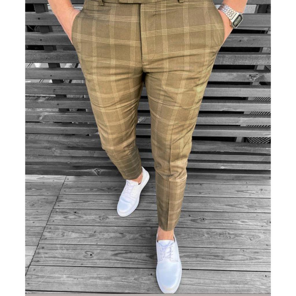 Men's fashionable stretch trousers, slim-fitting plaid trousers, business suit trousers, casual golf trousers