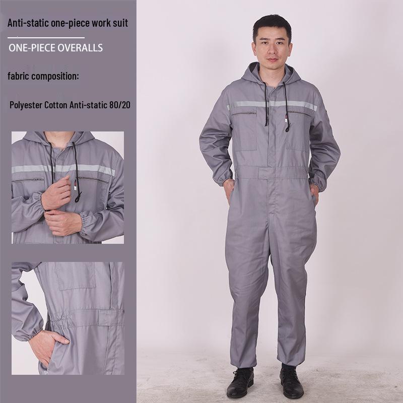 Men's Anti-Static Polyester-Cotton Work Coverall with Reflective Strips - Dustproof, One-Piece Protective Suit for Auto Repair and Sailing.
