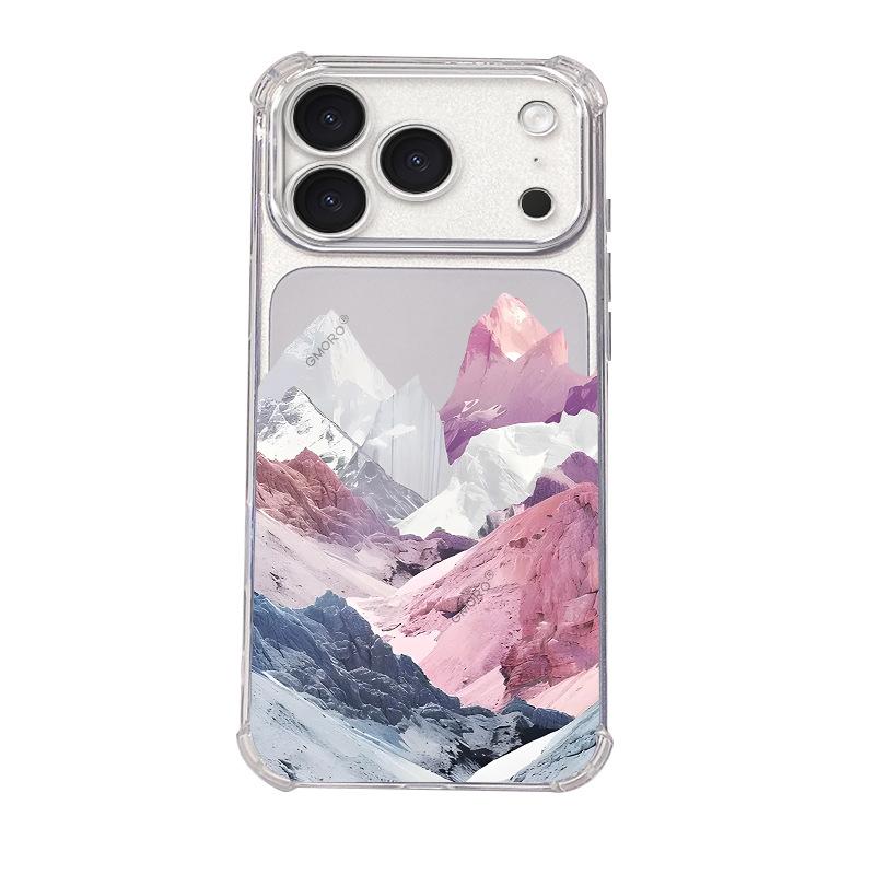 Processing and production of Nordic ins wind pink purple snow mountain four corners anti-drop mobile phone case iPhone15Pro transparent protective ca
