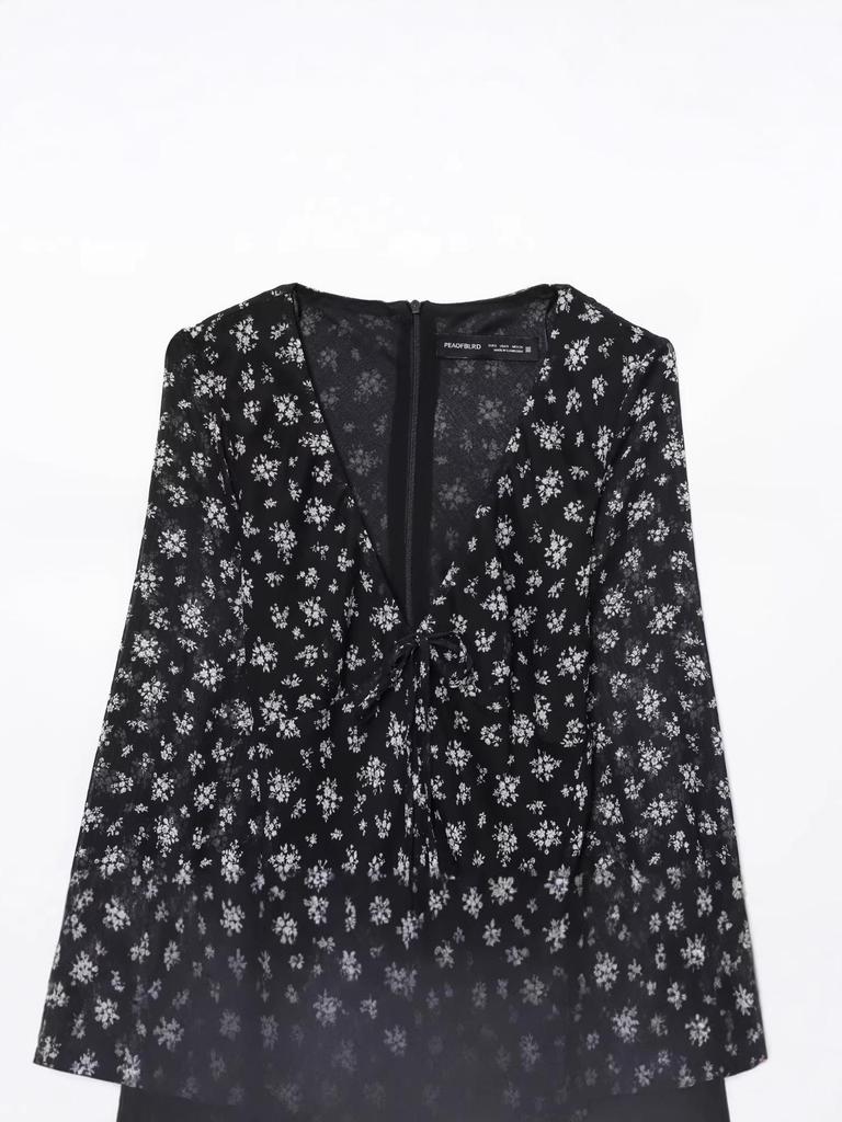 2025 Autumn/Winter European Women's Waist-Cinching Printed Long-Sleeve Dress