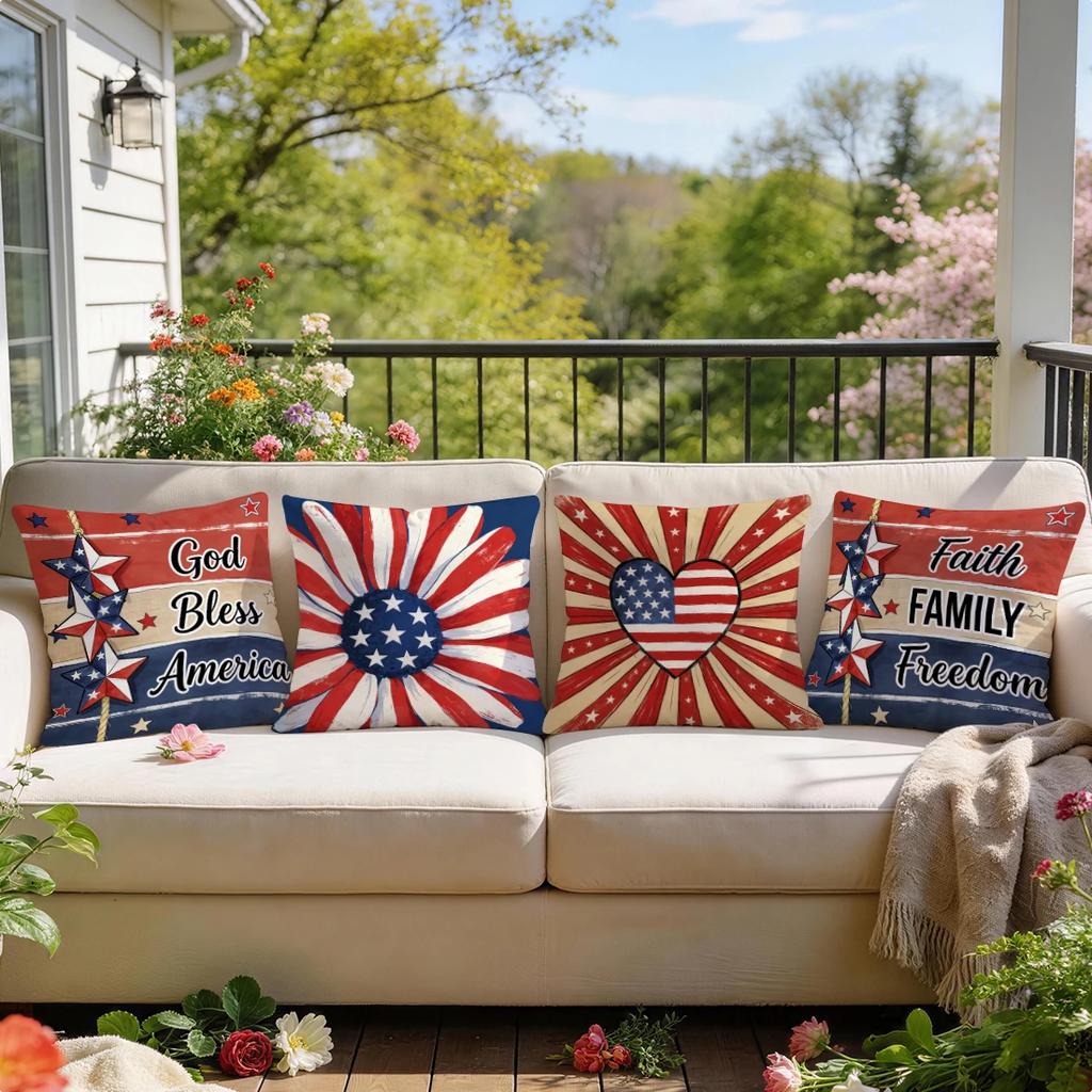 4Pcs 4Th Of July Retro Floral Heart Star Print Single-Sided Cushion Cover For Living Room Bedroom Car Home Decor