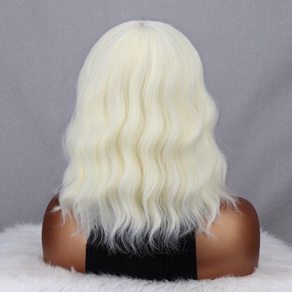 MISS WIG Light Blonde White Color Natural Water Wave Wig with Bangs Synthetic Fiber Short Wavy Wig Cosplay Daily Wear