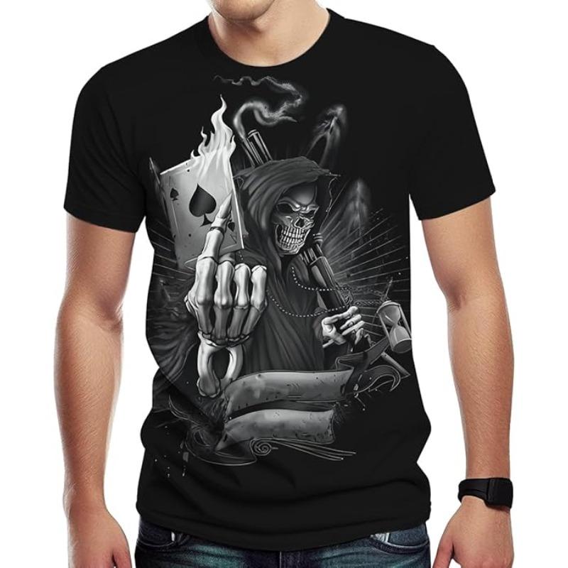 Men's Summer 3D T-shirt Fashionable Casual Loose Pattern Skull Print Round Neck Short Sleeved T-shirt Top S- 6XL