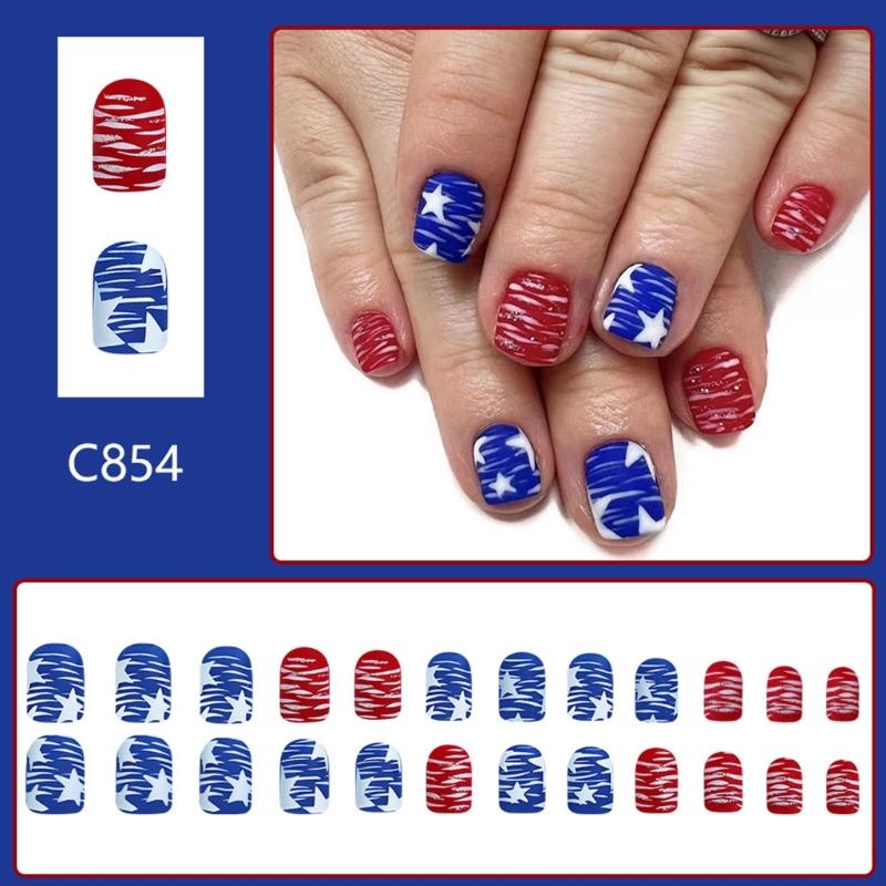 24 Stück Flaggentag Künstliche Nägel Kurz Quadratisch Vollabdeckung Falsche Nägel Matt Aufkleb-Nägel 4. Juli Press-On Nägel