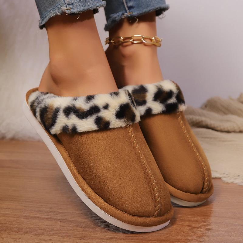 Fashion Leopard Suede Spliced Cotton Slippers Winter New Round Toe Deep Mouth Anti-slip Wear-resistant Soft Sole Flats