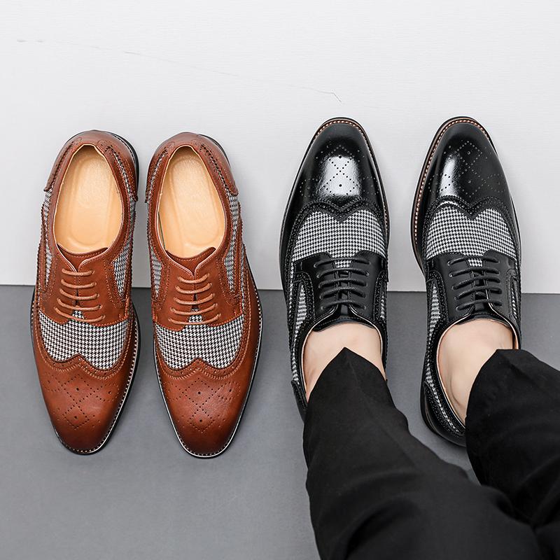 Fashion 2025 Spring British Two-Tone Brogue Shoes Men Leather Low-Cut Casual Shoes Anti-Slip Breathable Office Daily Wear Oxford Shoes