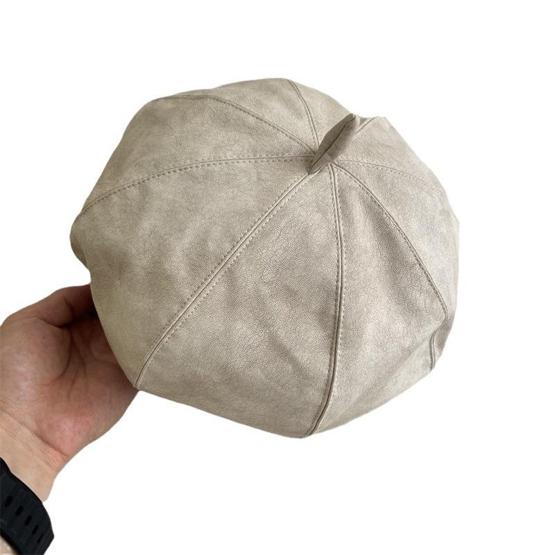Autumn and winter old retro matte leather beret solid color versatile painter hat showing face small star anise pumpkin hat