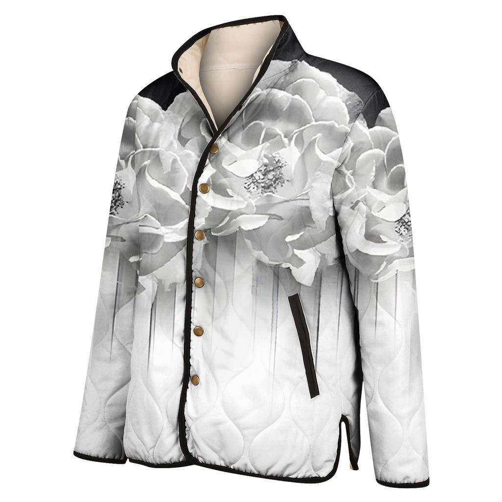 Women's Floral Print Stand Up Collar Pleated Cotton Long Sleeved Button Cotton Jacket