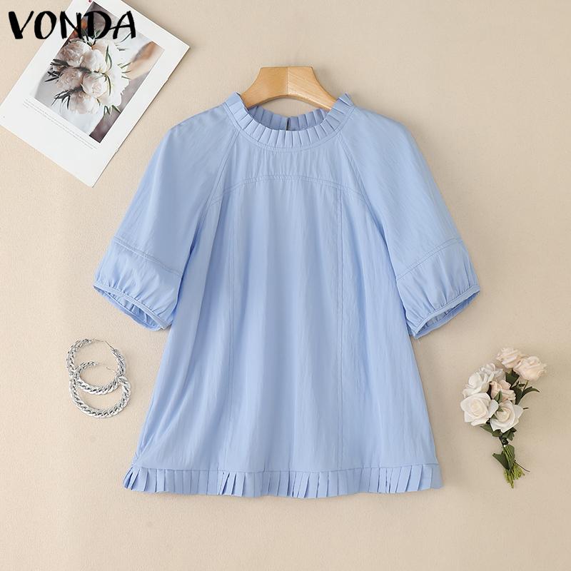 

VONDA Women Ruffled Neck Short Sleeve Solid Casual Blouse Tops 4XL синий