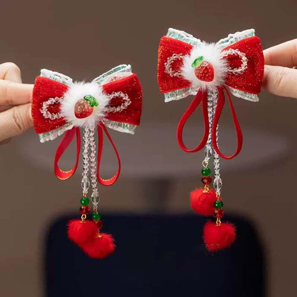 2pcs Lion New Year Tassel Barrettes Plush Ball Embroidered Bow Headwear  Festival
