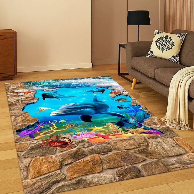 3D Illusion Underwater World Marine Life Shark Dolphin Cartoon Carpet Rug for Bedroom Living Room Sofa Doormat Kids Non-slip