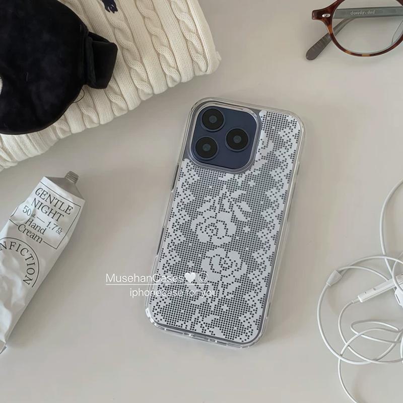 Korean Ins Ancient Art Retro Lace Rose Exquisite Phone Case For IPhone 17 16 15 14 13 12 11 Pro XR XS X Max 8 7 Plus MINI Cover