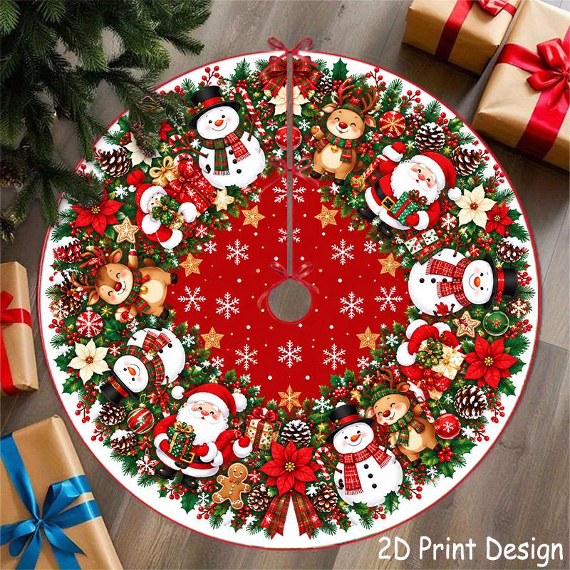 1pc Red Background Santa Claus Colorful Fruit Wreath Christmas Tree Skirt | Red Base, Santa Claus, Colorful Fruits And Pine Branches Wreath Print | Ce