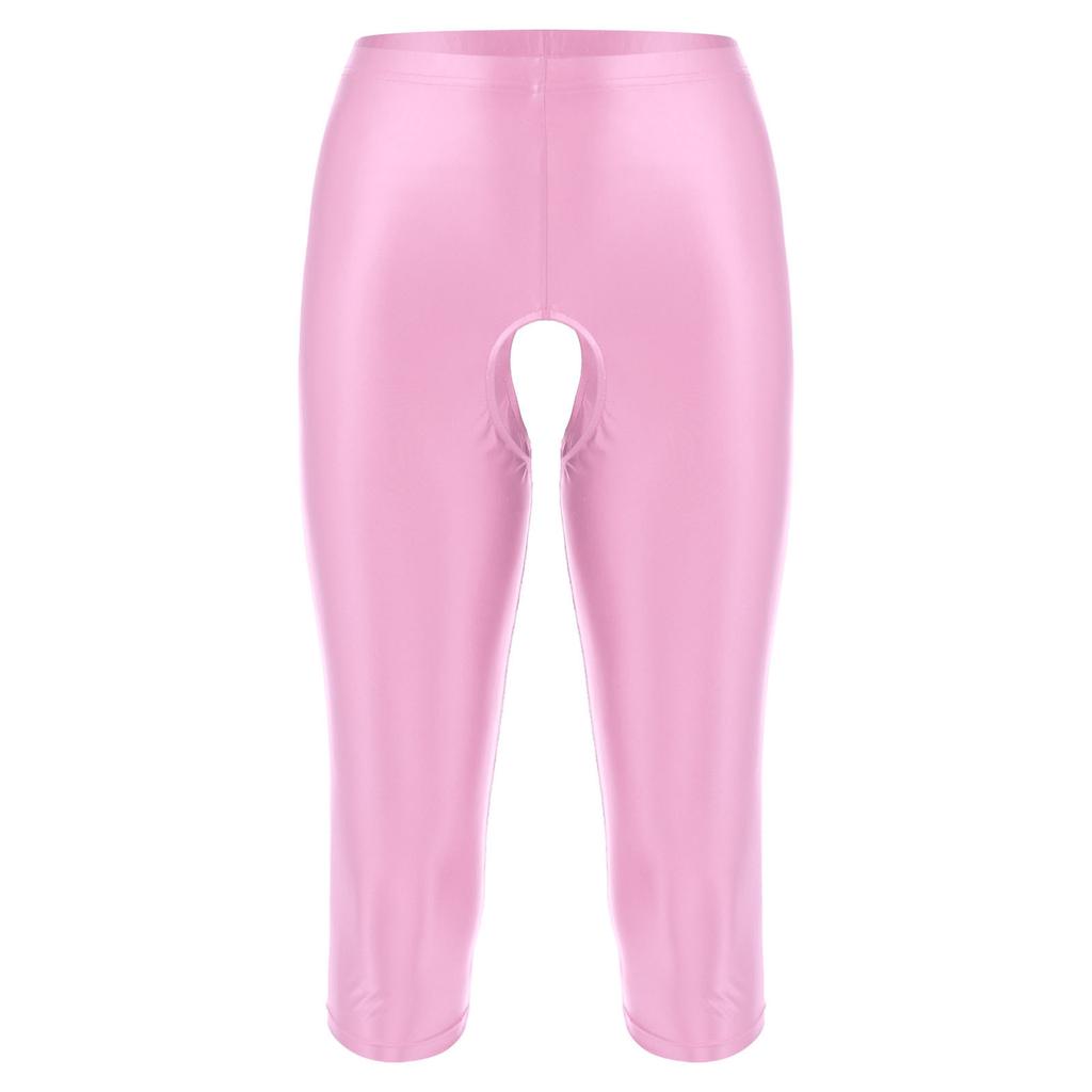 Mens Glossy Open Crotch Shorts Stretchy Elastic Waistband Slim-Fit Leggings Smooth Fabric for Gym Club Outfits