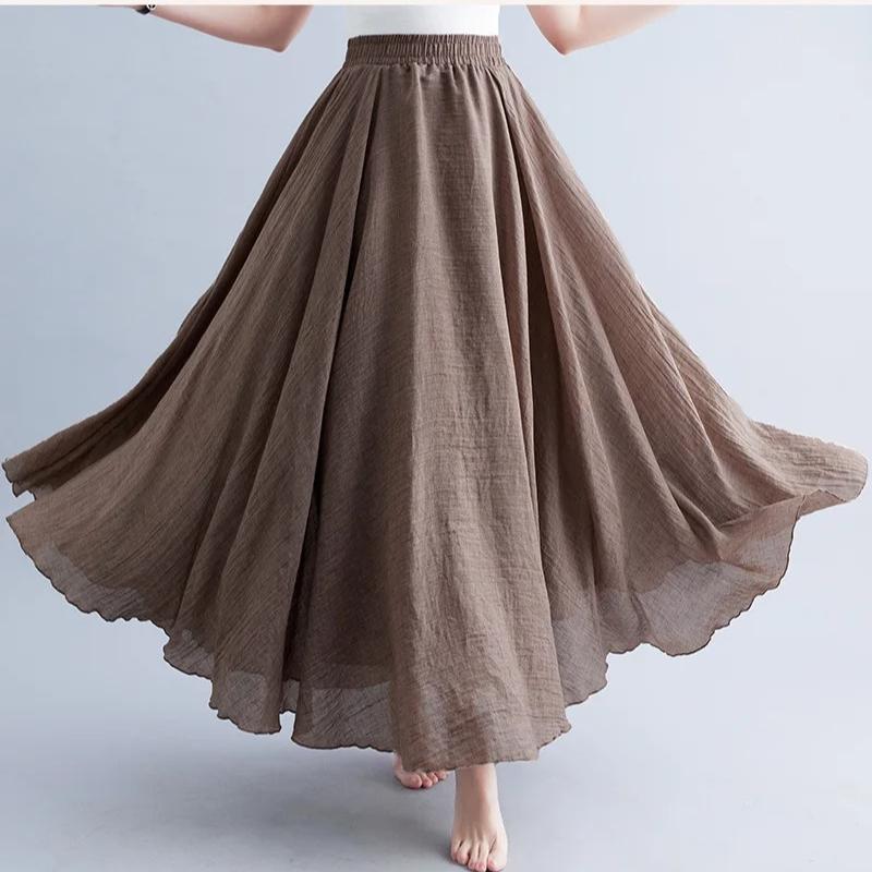 Color Mori Girl Literary Cotton Linen Dress Elastic Waist A-line Expansion Skirt Solid Color Ethnic Style Women Long Skirts