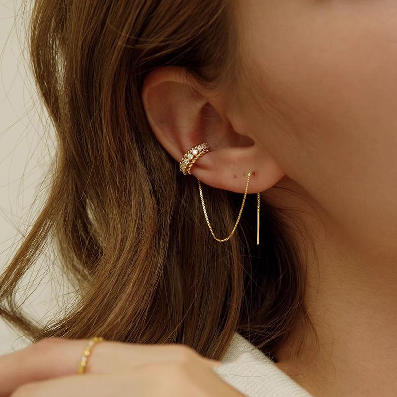 Delicate Gold Color Long Chain Cartilage Clip Earrings for Women Exquisite Shiny Cubic Zirconia Earrings Party Jewelry