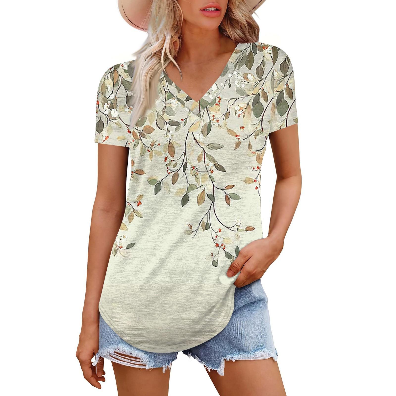 

Женская модная повседневная футболка с короткими рукавами и цветочным принтом, рубашка, темпераментная рубашка, топ с V-образным вырезом L армия зеленый